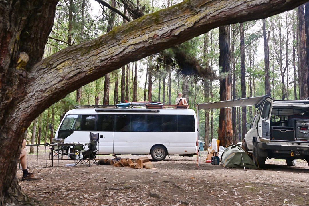 Project Physio converted bus on campground in Australia